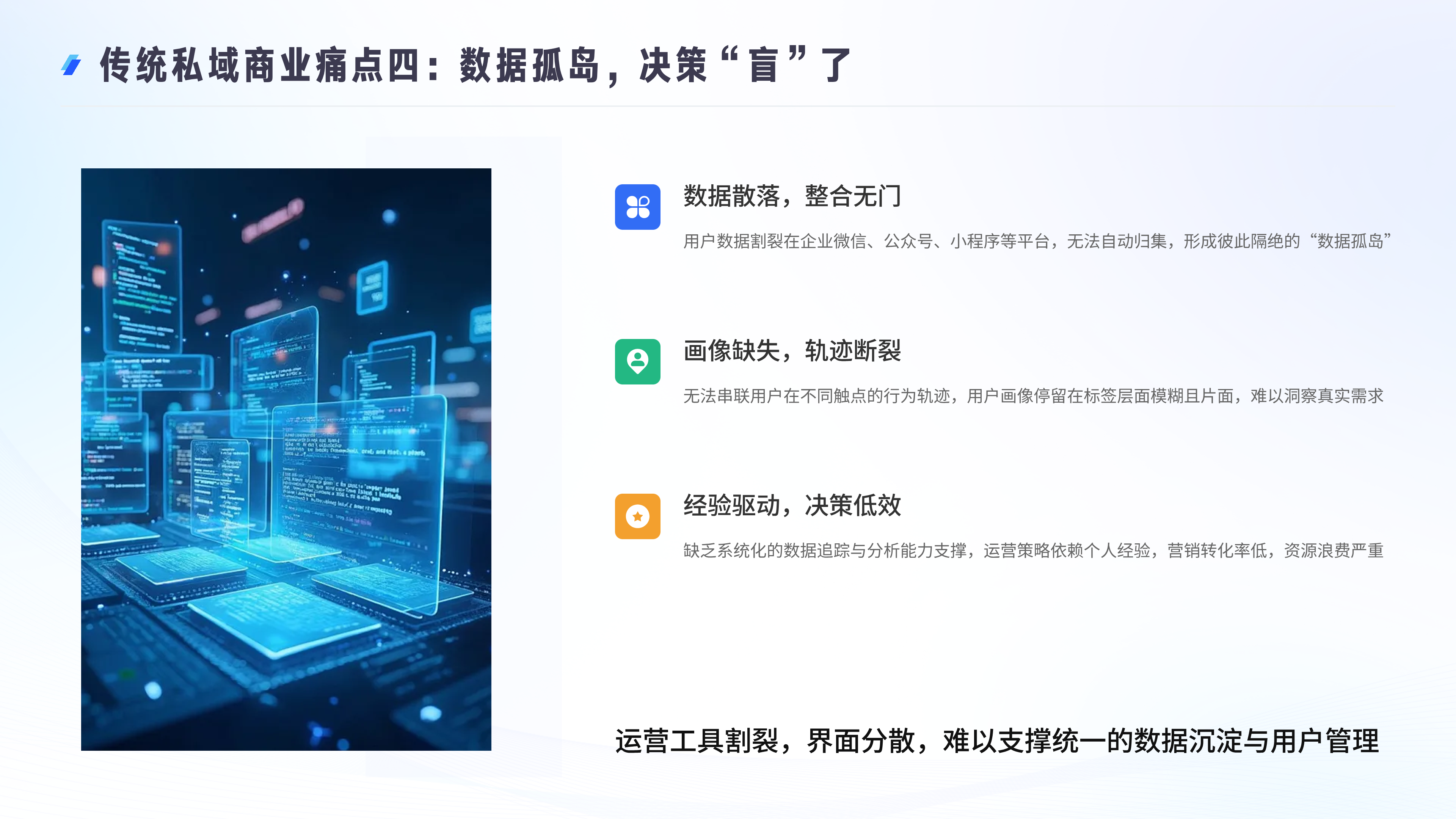 传统私域痛点四：数据分散、决策依赖经验